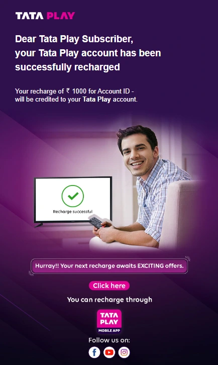 tata play successful recharge emailer