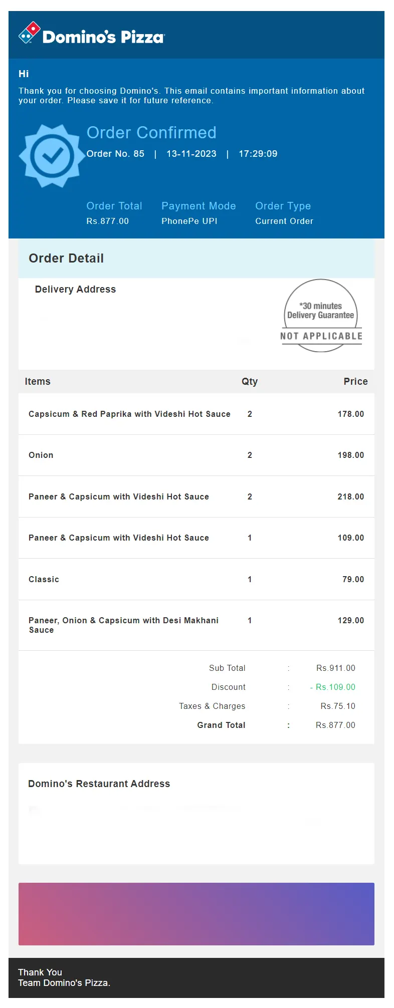 dominos order confirmation emailer